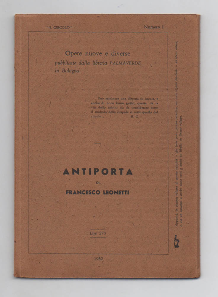 Antiporta. Manoscritto di un giovane [RILEGATURA ORIGINALE A PORTAFOGLIO]