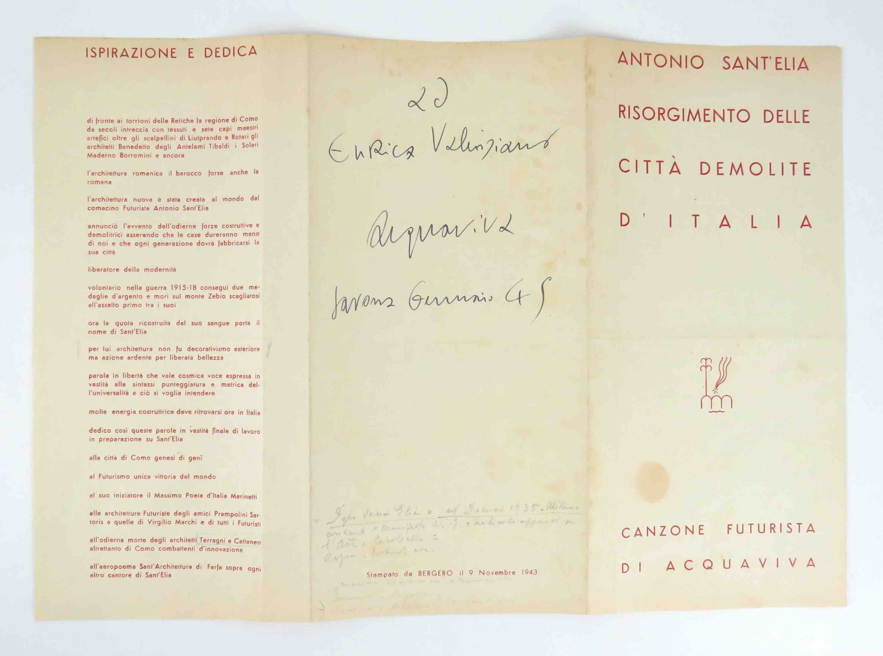 Antonio Sant’Elia. Risorgimento delle città demolite d’Italia. Canzone futurista di …