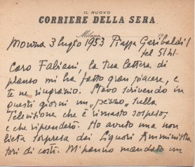 Biglietto autografo firmato inviato al poeta e giornalista Enzo Fabiani. …