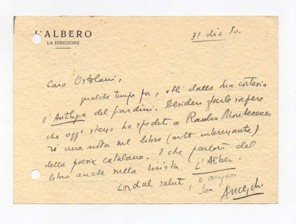 Biglietto viaggiato, autografo firmato, datato 31 dicembre 1950 - [Lecce], …