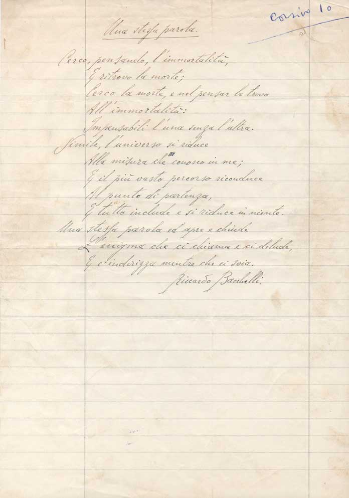 Brano poetico autografo firmato dal titolo “Una stessa parola”