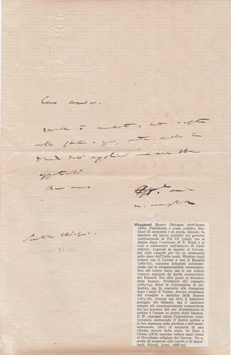 Breve lettera autografa firmata inviata al Senatore Chiesi.