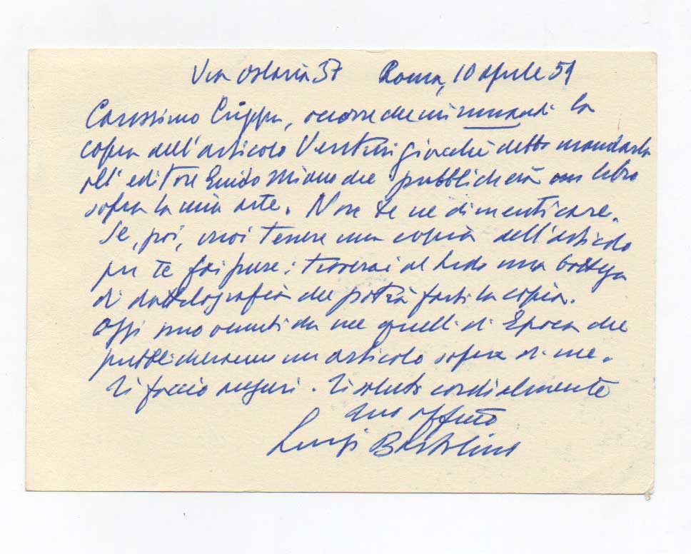 Cartolina postale autografa firmata, datata Roma 10 aprile 1959 e …