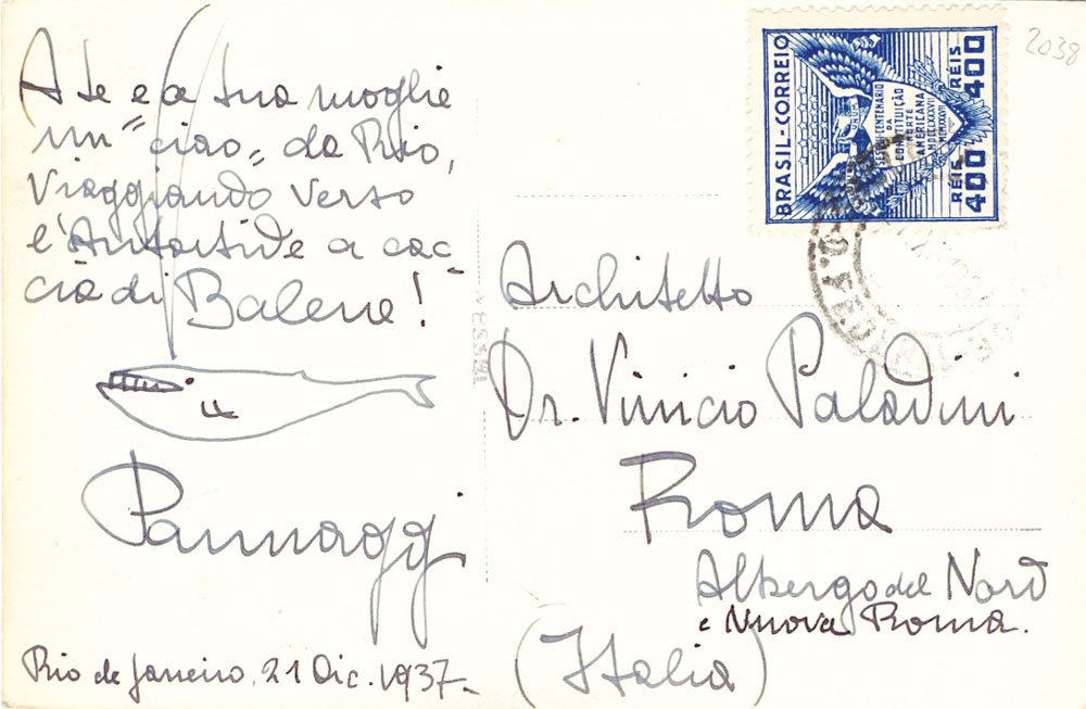 Cartolina postale viaggiata, autografa firmata, con disegno. Inviata a «Architetto …