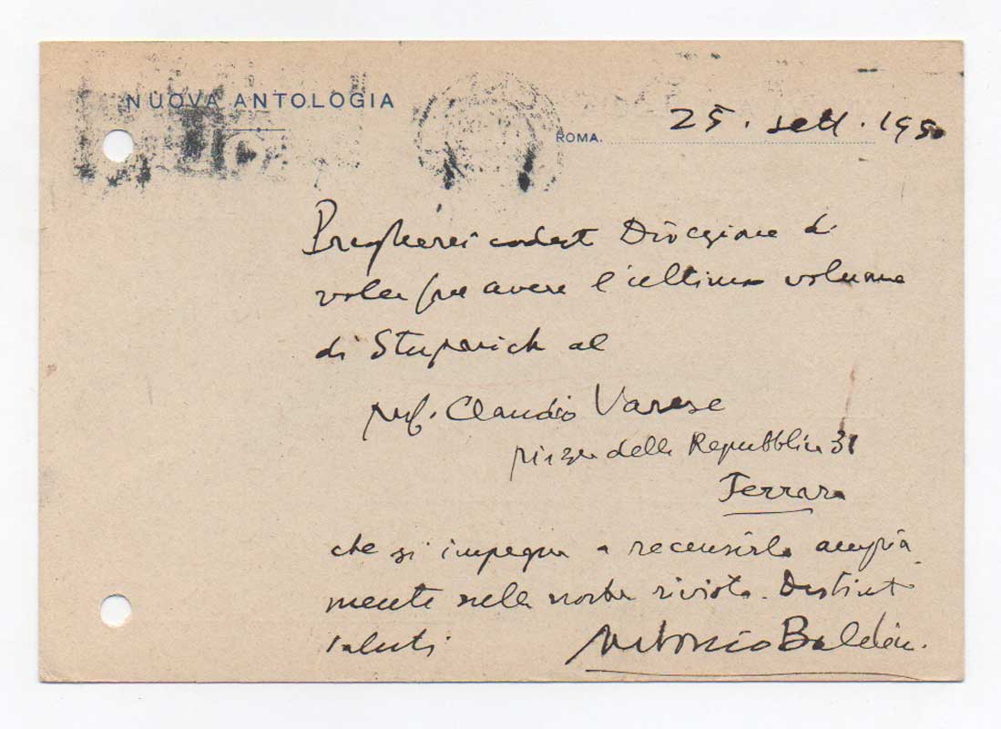 Cartolina postale viaggiata, autografa firmata, datata 25 settembre 1950 - …