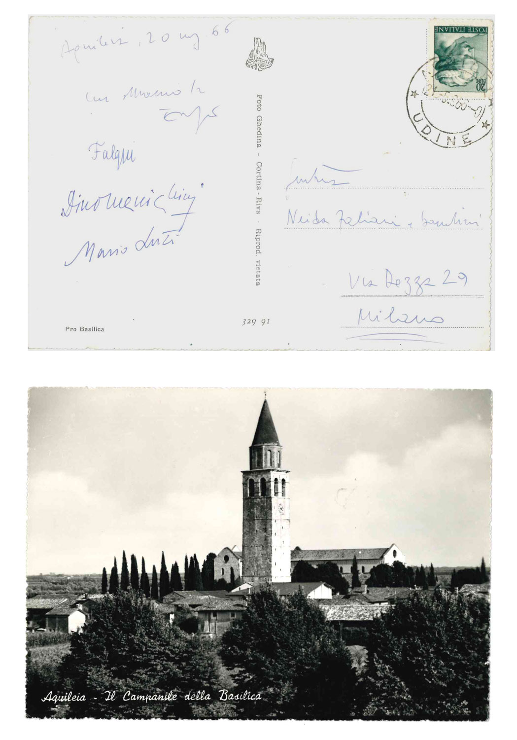 Cartolina postale viaggiata, con firme autografe di Luzi, Falqui, Fabiani …