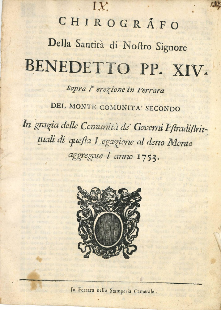 Chirografo della santità di nostro signore Benedetto pp. XIV. Sopra …