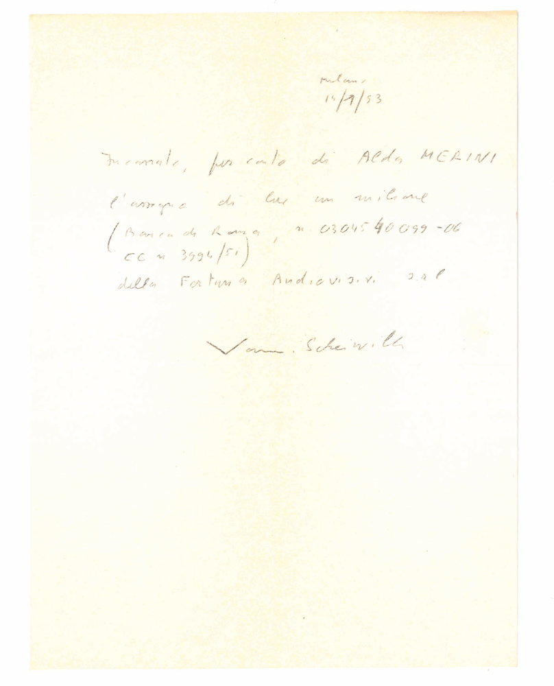 Copia carbone di ricevuta autografa firmata, per conto di Alda …