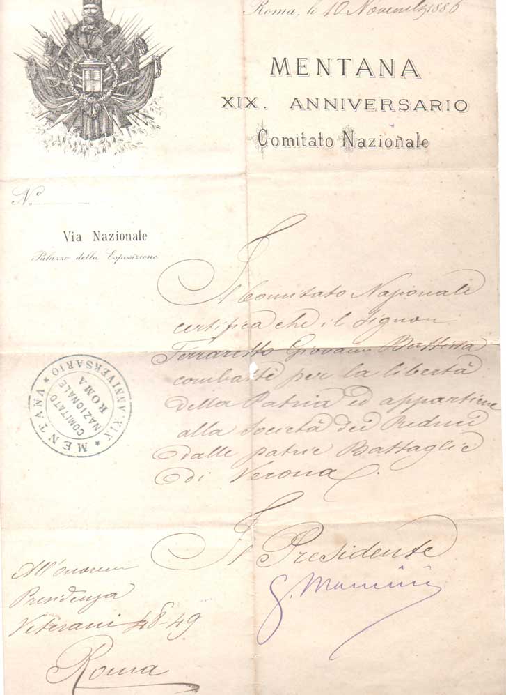 Documento con firma autografa, datato 10 novembre 1886 - Roma.