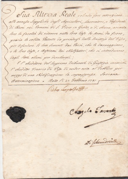 Documento con firma autografa. Datato 21 febbraio 1781