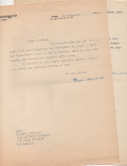 Due lettere dattiloscritte con firma autografa, datate 18 settembre 1948 …