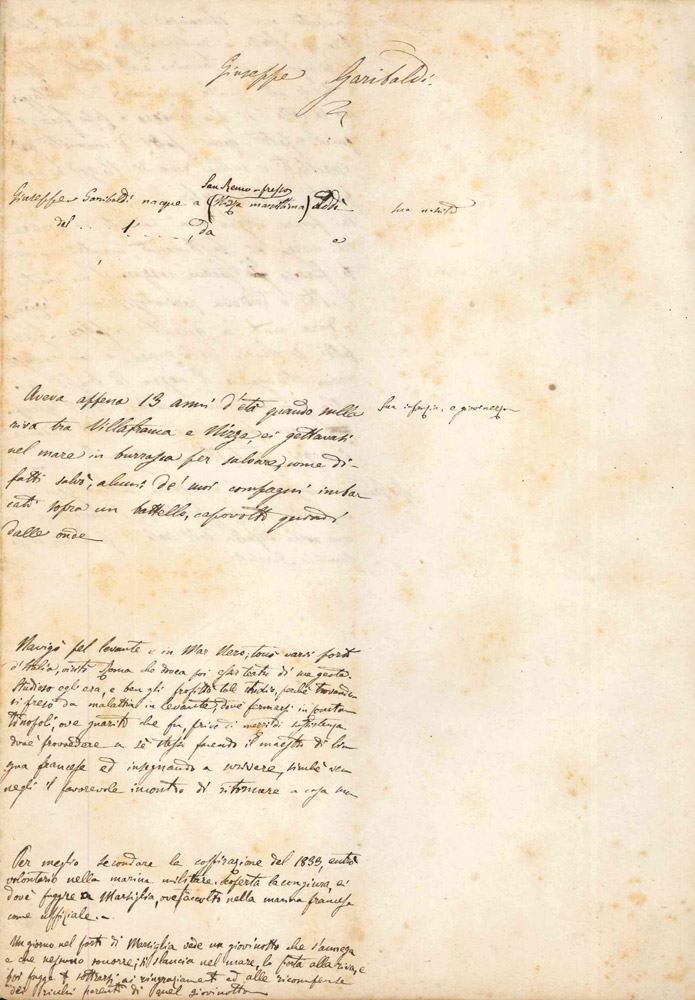 «Giuseppe Garibaldi». Bozza autografa
