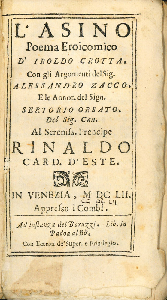 L'asino poema eroicomico d'Iroldo Crotta. Con gli Argomenti del Sig. …