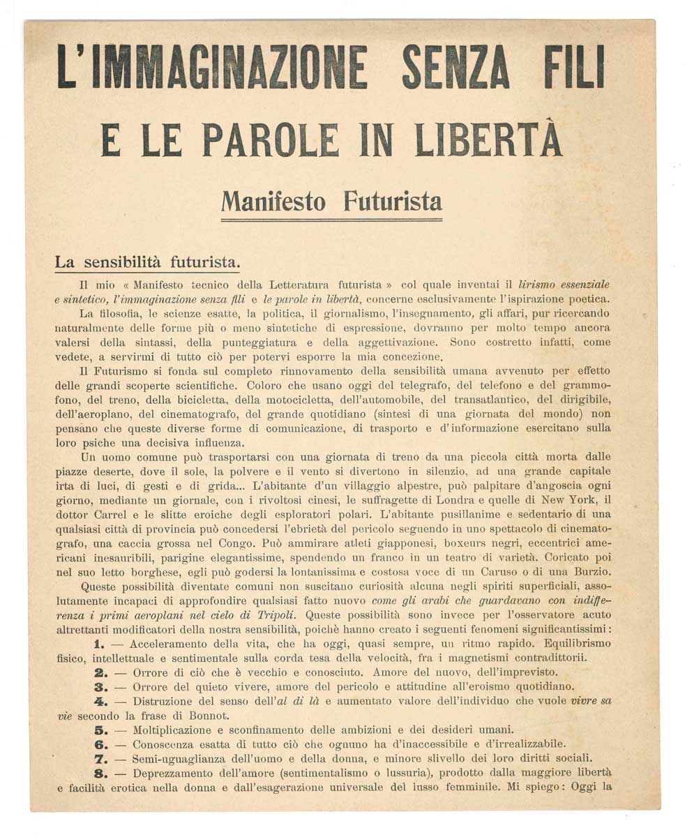 L’Immaginazione senza fili e le parole in libertà. Manifesto Futurista