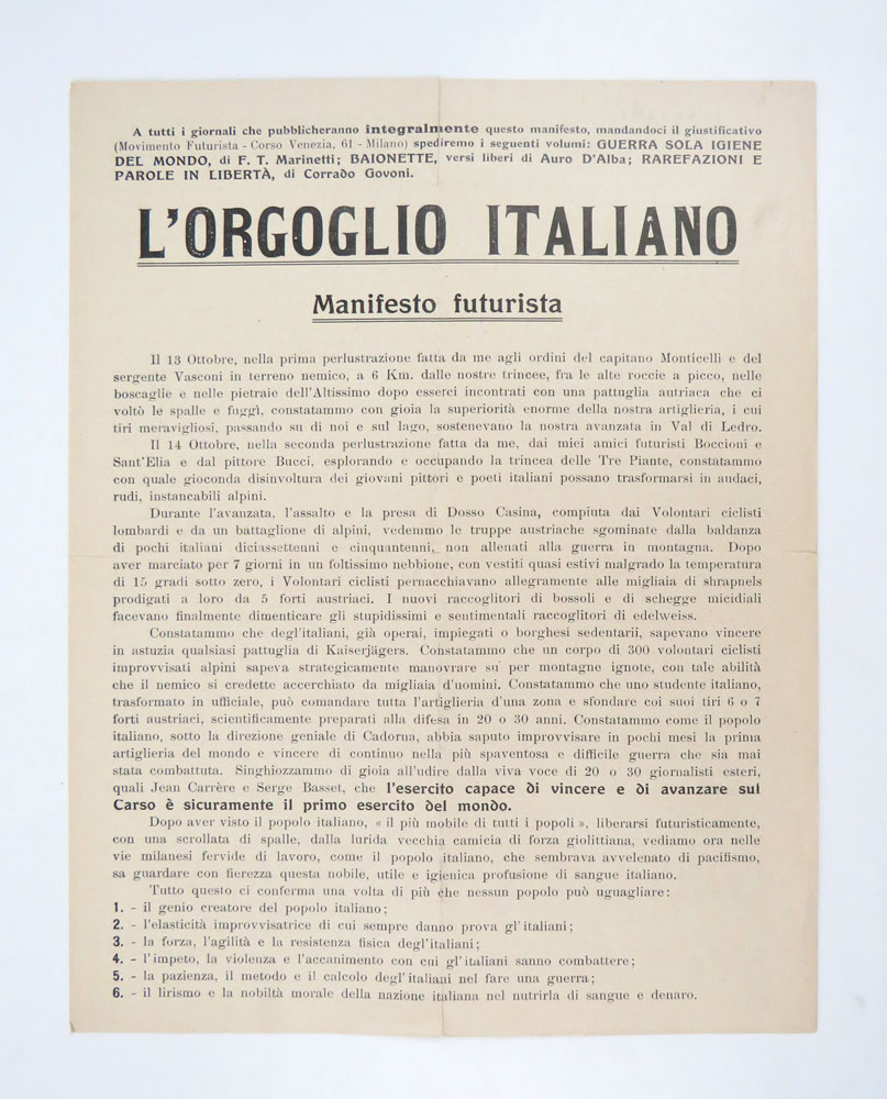 L’Orgoglio italiano. Manifesto futurista. [Segue: Il Futurismo e la Guerra. …