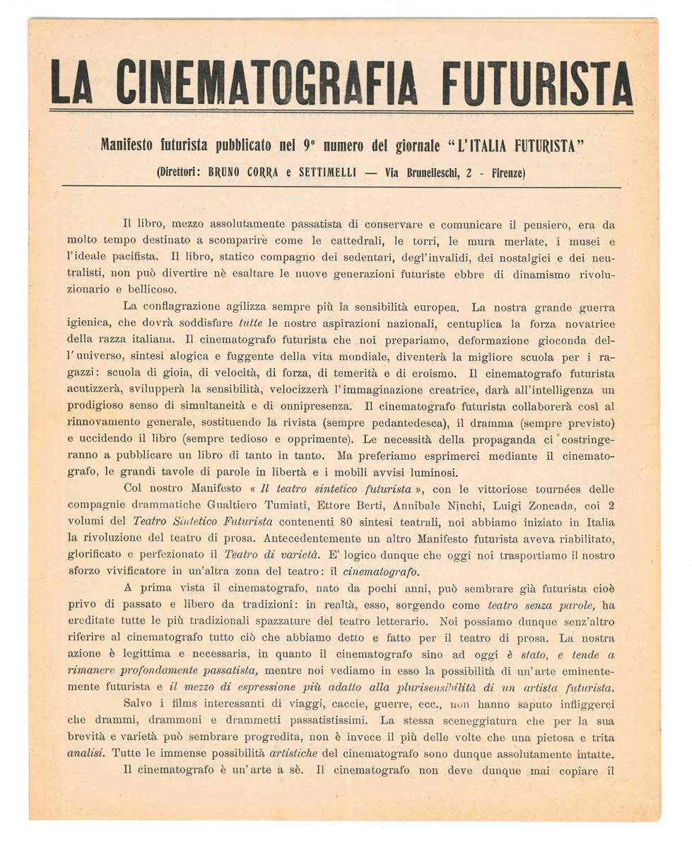 La cinematografia futurista. Manifesto futurista pubblicato nel 9° numero del …