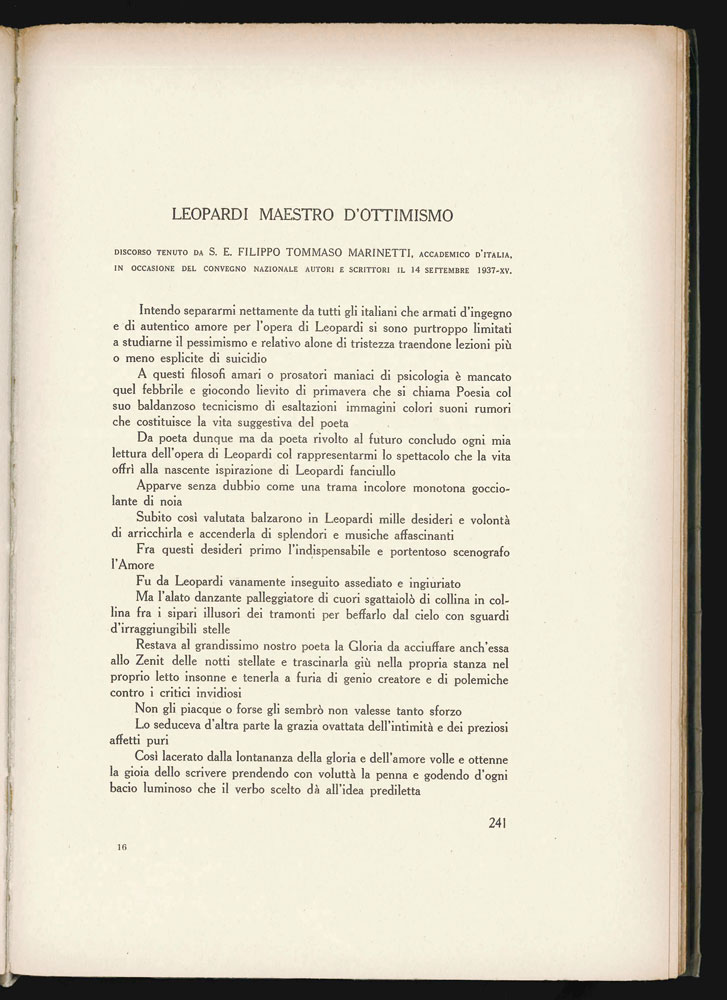 Leopardi maestro d’ottimismo. Discorso tenuto da S. E. Filippo Tommaso …