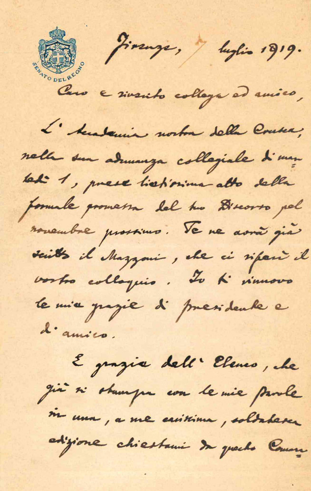 Lettera autografa a Paolo Boselli (Museo del Risorgimento)