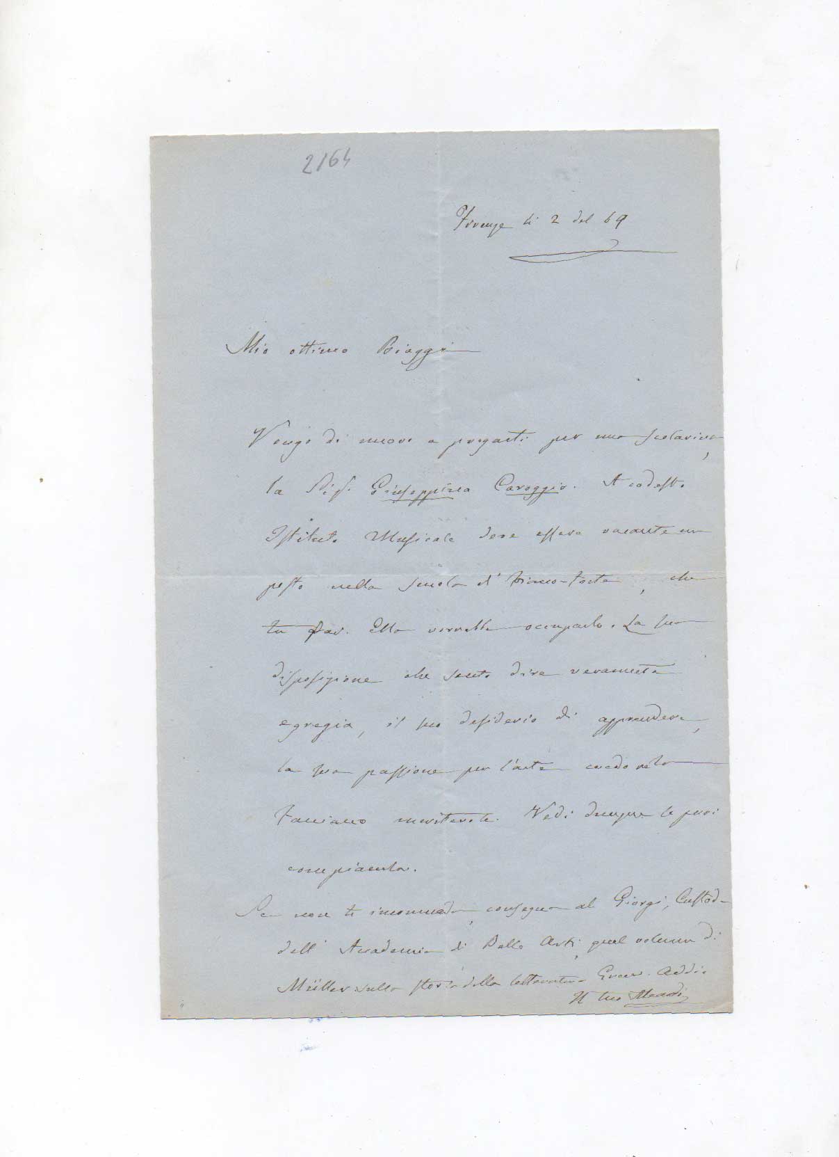 Lettera autografa firmata al sig.r Biaggi. Datata 4 febbraio 1869, …