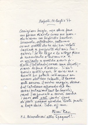 Lettera autografa firmata, datata 14 luglio 1977 - Napoli, inviata …