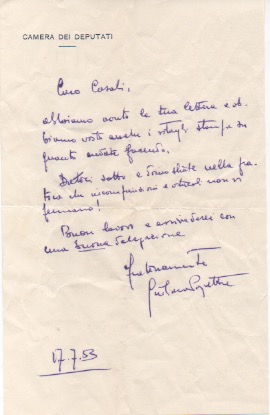 Lettera autografa firmata, datata 17 luglio 1953, inviata ad Agostino …