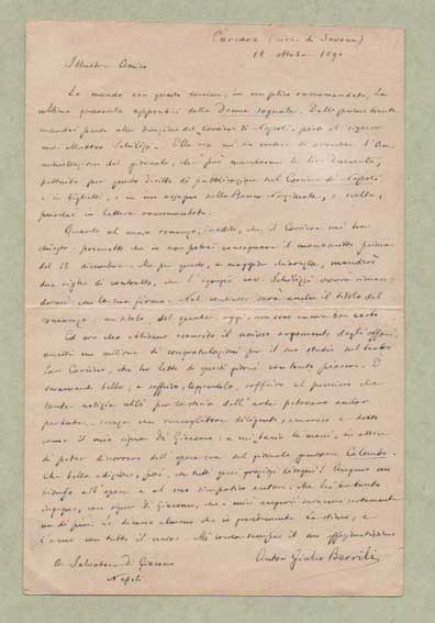 Lettera autografa firmata, datata 18 ottobre 1890 - Carcare (SV), …