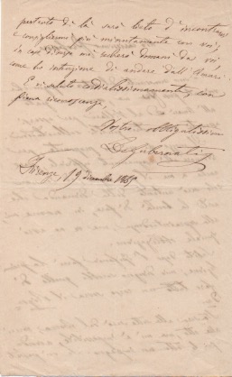 Lettera autografa firmata, datata 19 dicembre 1865 - Firenze, inviata …