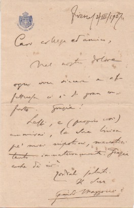 Lettera autografa firmata, datata 2 marzo 1927 - Firenze, inviata …