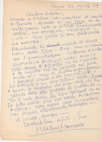 Lettera autografa firmata, datata 20 aprile 1959 - Roma, inviata …