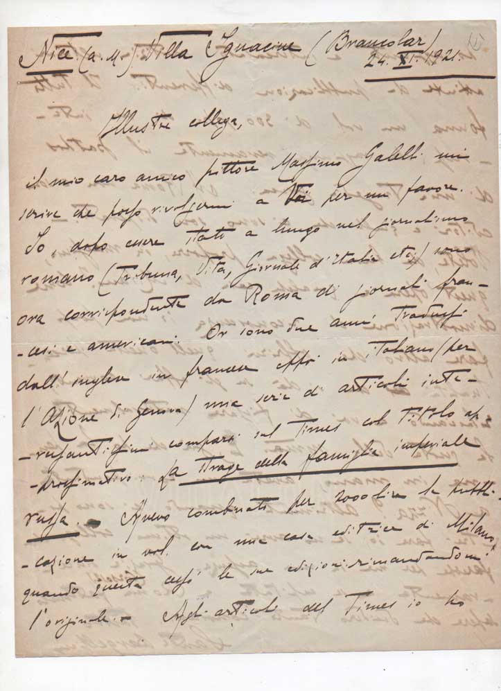 Lettera autografa firmata, datata 24 novembre 1921 - Nizza, inviata …