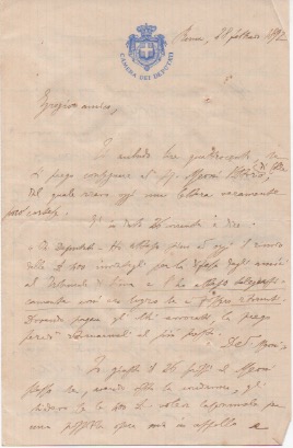 Lettera autografa firmata, datata 28 febbraio 1892 - Roma, inviata …