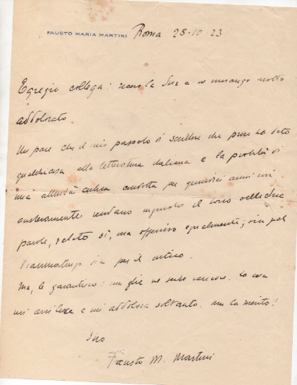 Lettera autografa firmata, datata 28 ottobre 1923 - Roma, inviata …