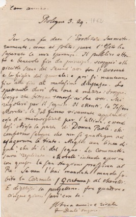 Lettera autografa firmata, datata 3 agosto 1862 - Bologna, inviata …