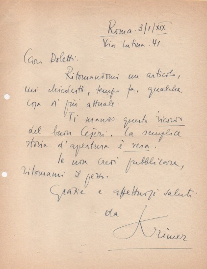 Lettera autografa firmata, datata 3 gennaio 1941 - Roma, inviata …