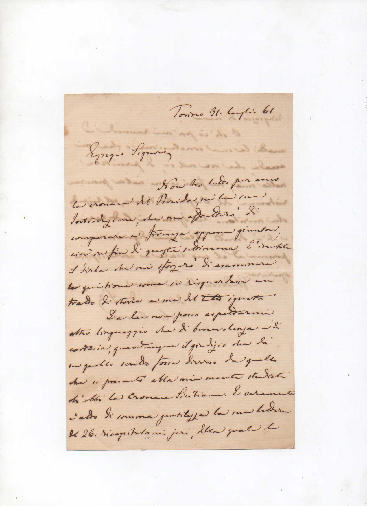Lettera autografa firmata. Datata 31 luglio 1861