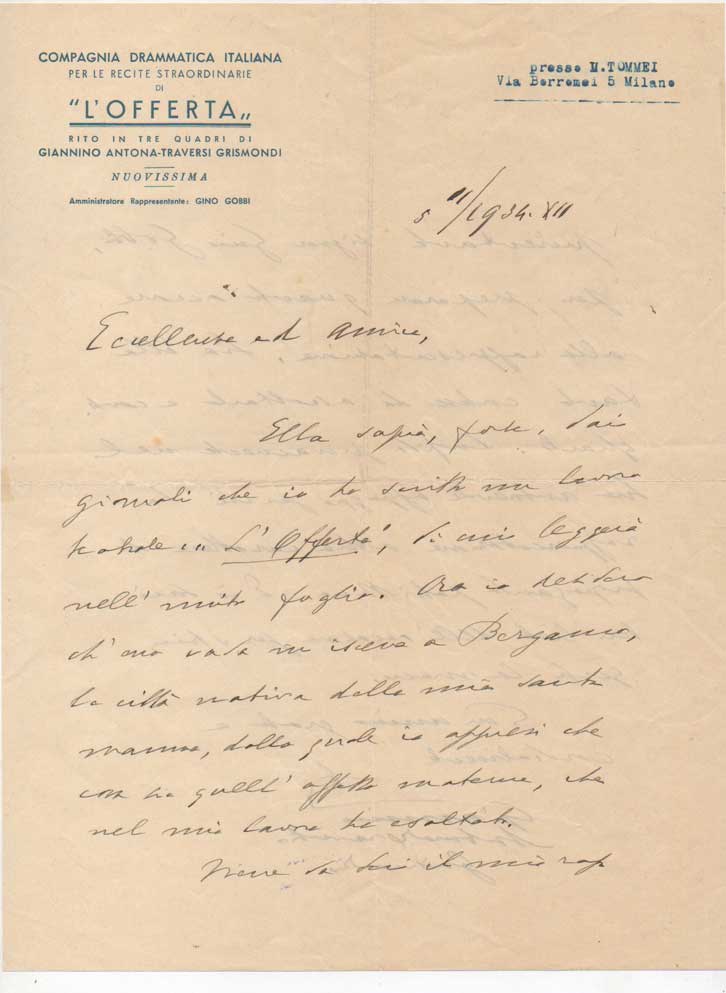 Lettera autografa firmata, datata 5 novembre 1934, inviata ad un …