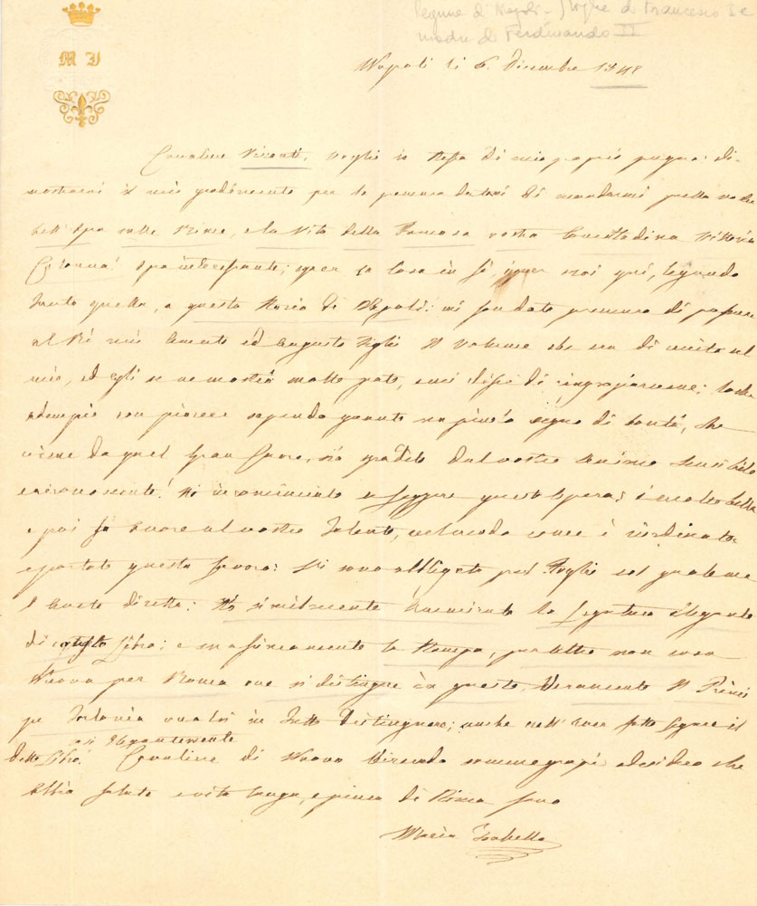 Lettera autografa firmata, datata Napoli 6 dicembre 1842, inviata a …