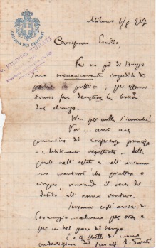 Lettera autografa firmata inviata a “Carissimo Enrico”. Datata agosto 1907.