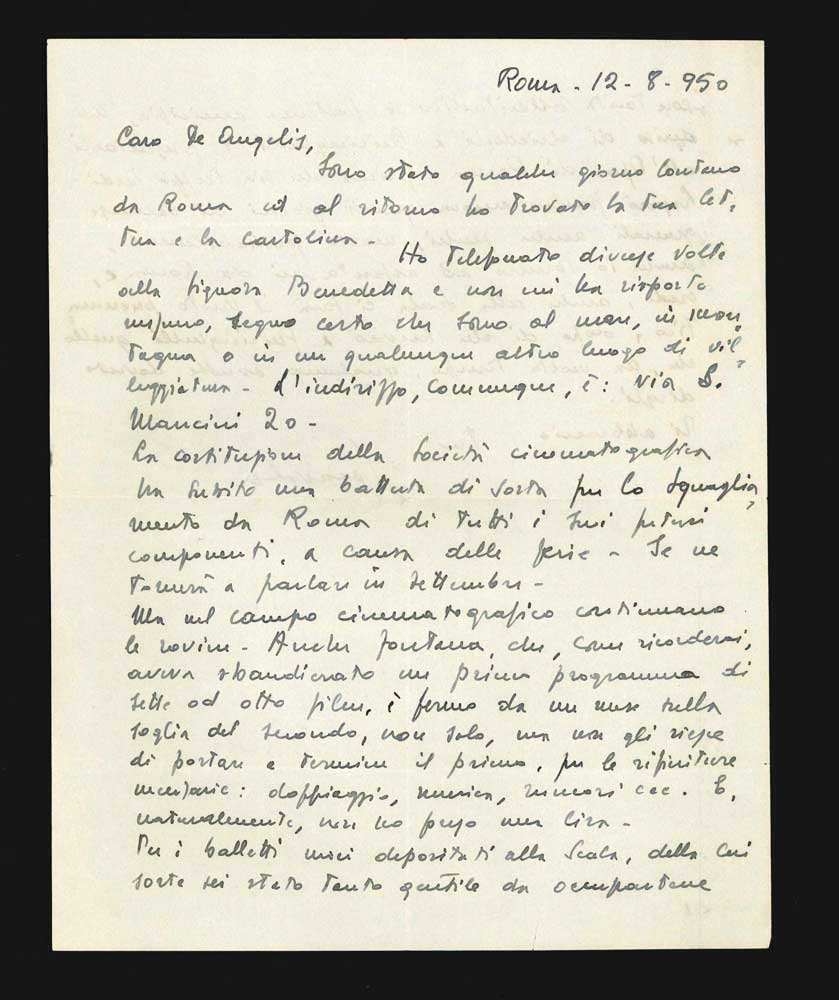 Lettera autografa firmata inviata a De Angelis
