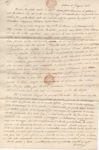 Lettera autografa firmata inviata a Giacomo Emiliani, Bologna