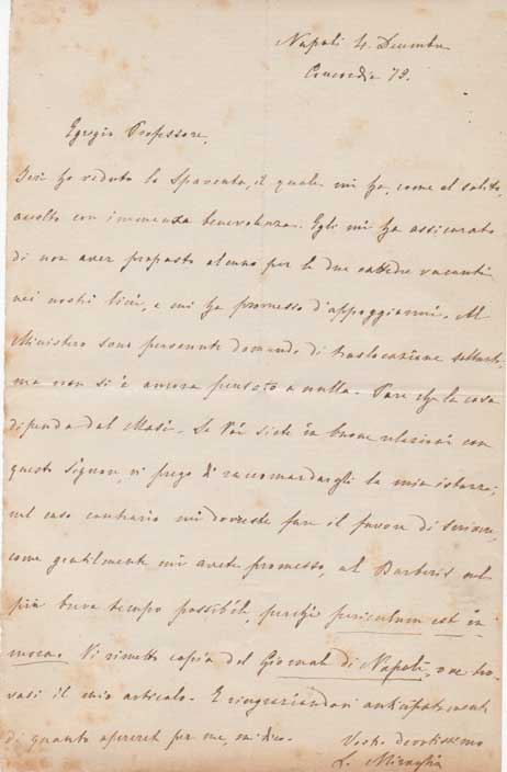 Lettera autografa firmata inviata ad un professore.