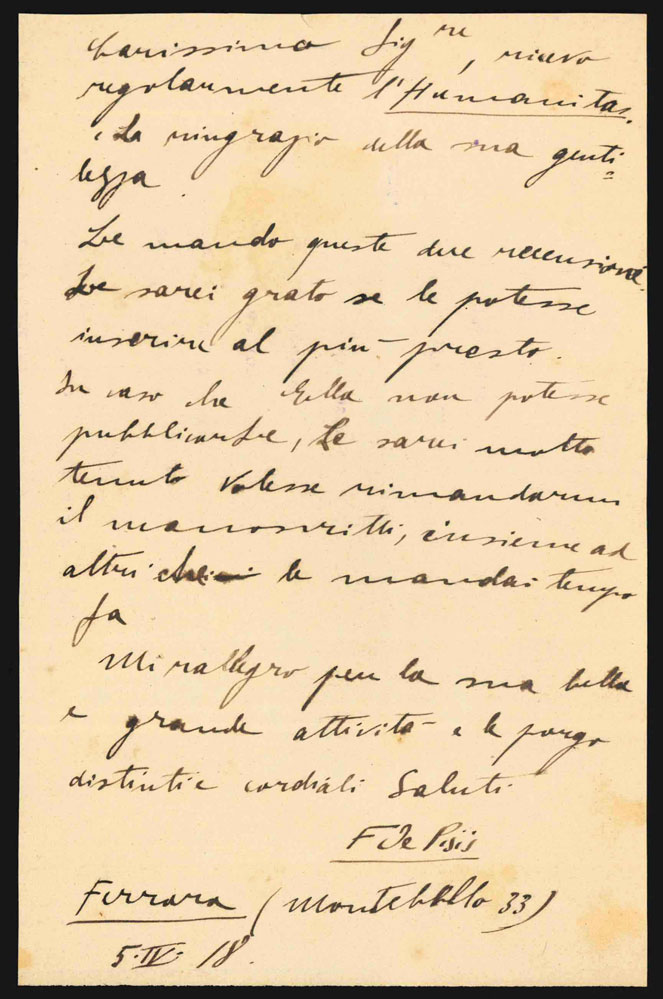 Lettera autografa firmata, inviata al direttore della rivista Humanitas (Piero …