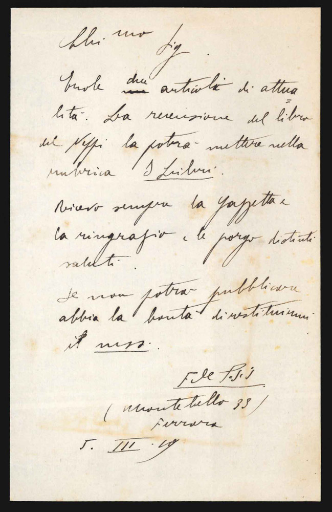 Lettera autografa firmata, inviata al direttore della rivista Humanitas (Piero …