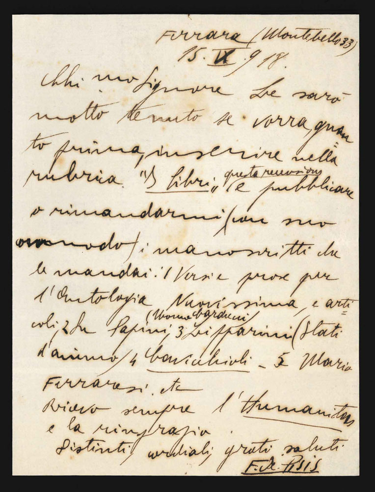 Lettera autografa firmata, inviata al direttore della rivista Humanitas (Piero …