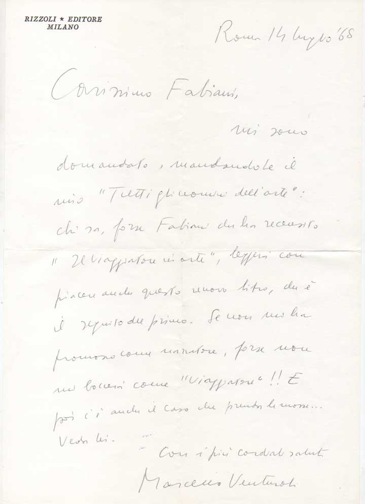 Lettera autografa firmata inviata al poeta e giornalista Enzo Fabiani. …
