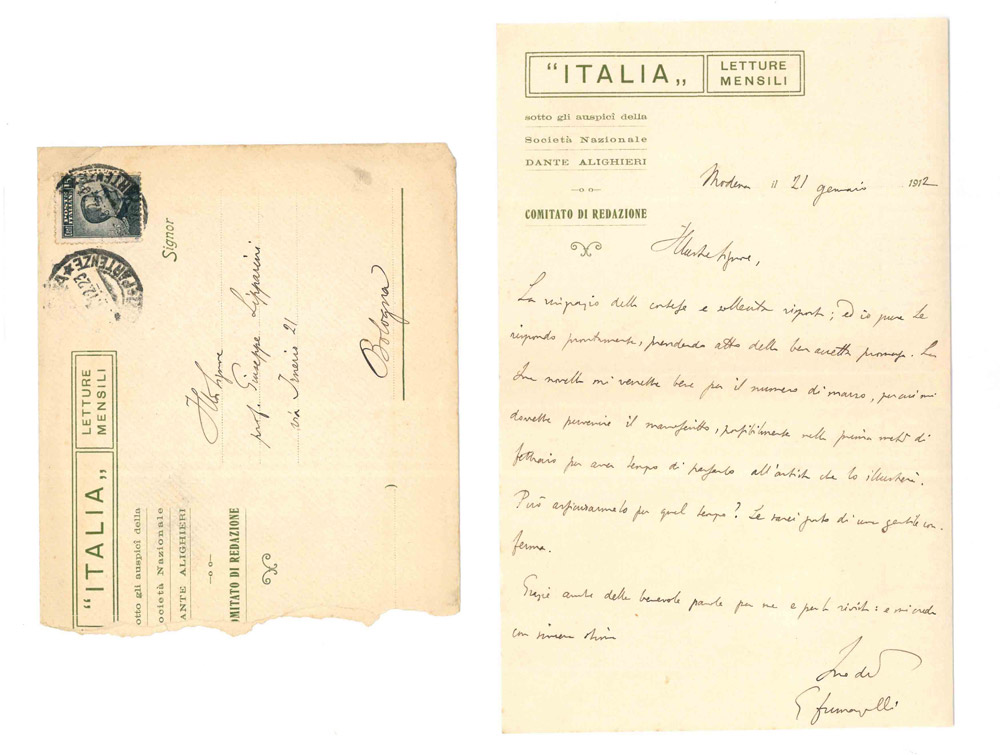Lettera autografa firmata inviata al professor Giuseppe Lipparini