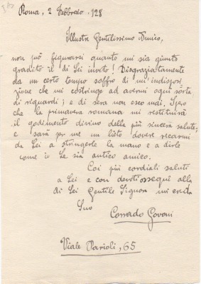Lettera autografa firmata inviata al senatore Alfredo Baccelli