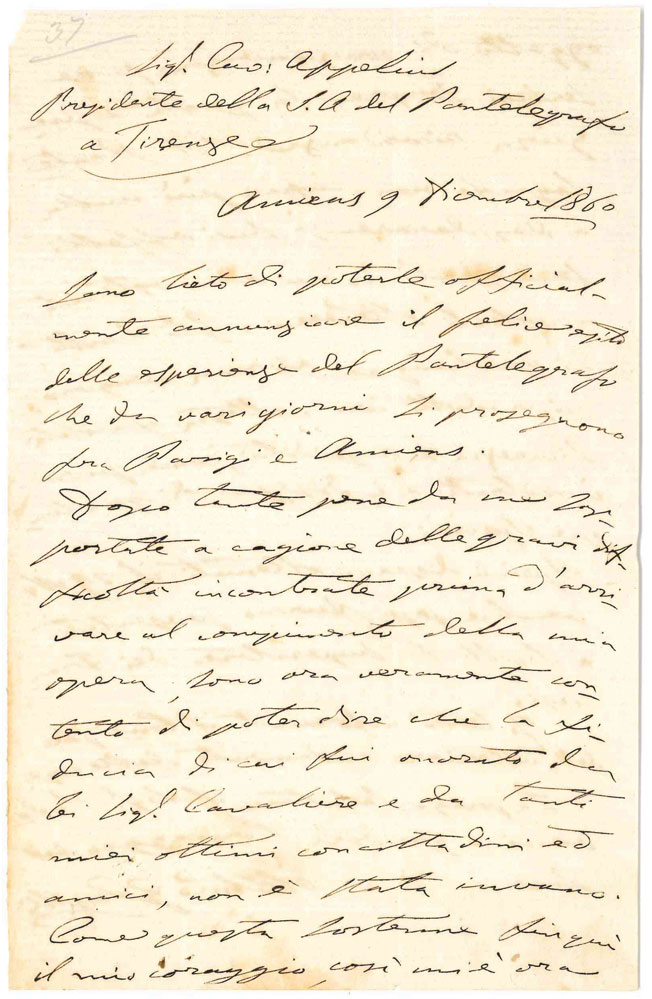 Lettera autografa firmata inviata al Sig. Cav. Appelius Presidente della …