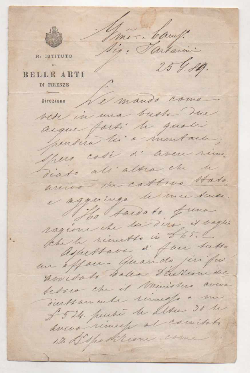 Lettera autografa firmata inviata al Sig. Tartarini