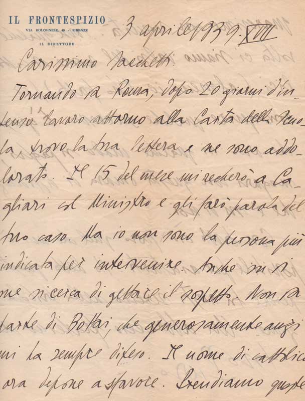 Lettera autografa firmata inviata all’amico Sacchetti